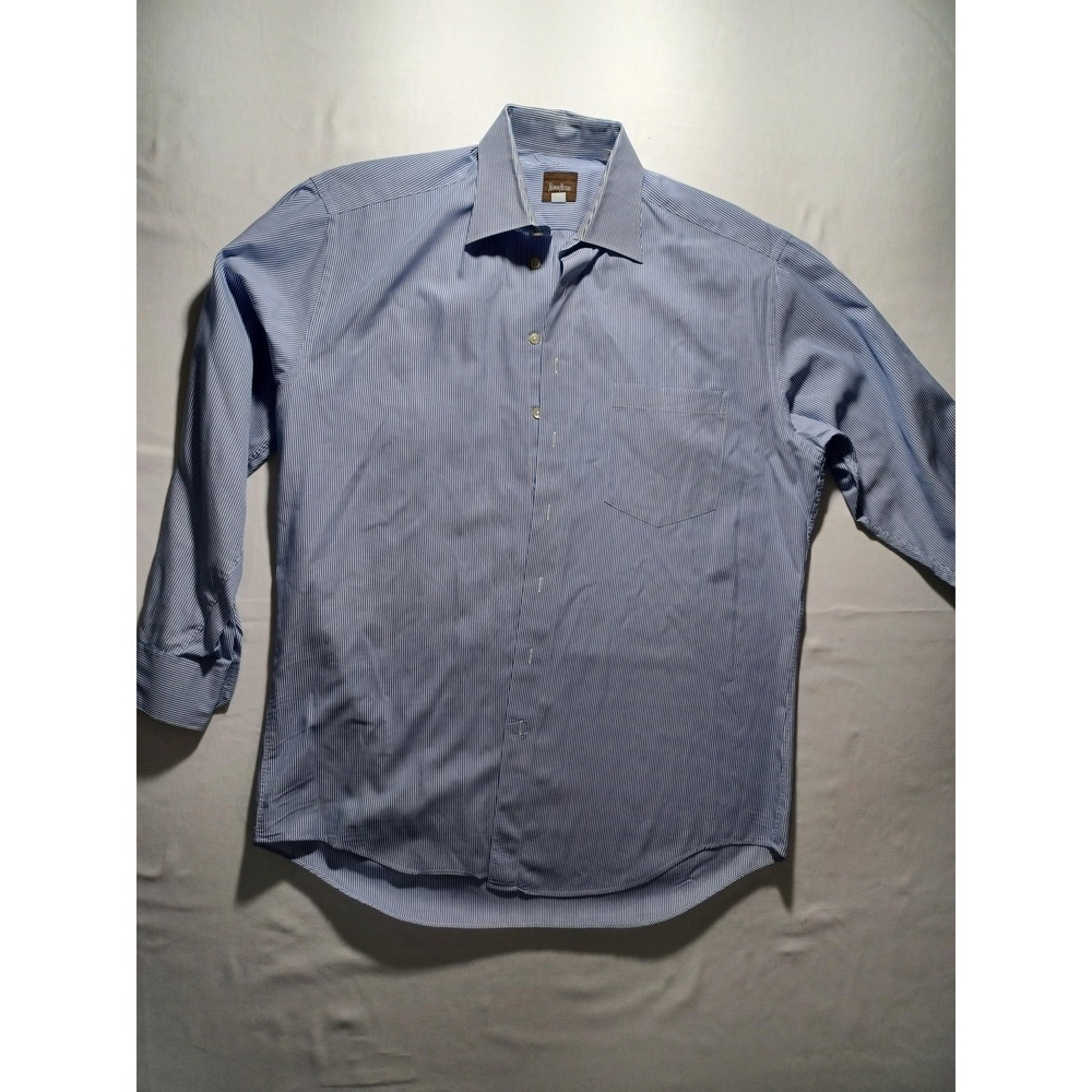 Neiman Marcus Shirt Mens 16 33 Blue White Stripe Dress Button Front Cotton